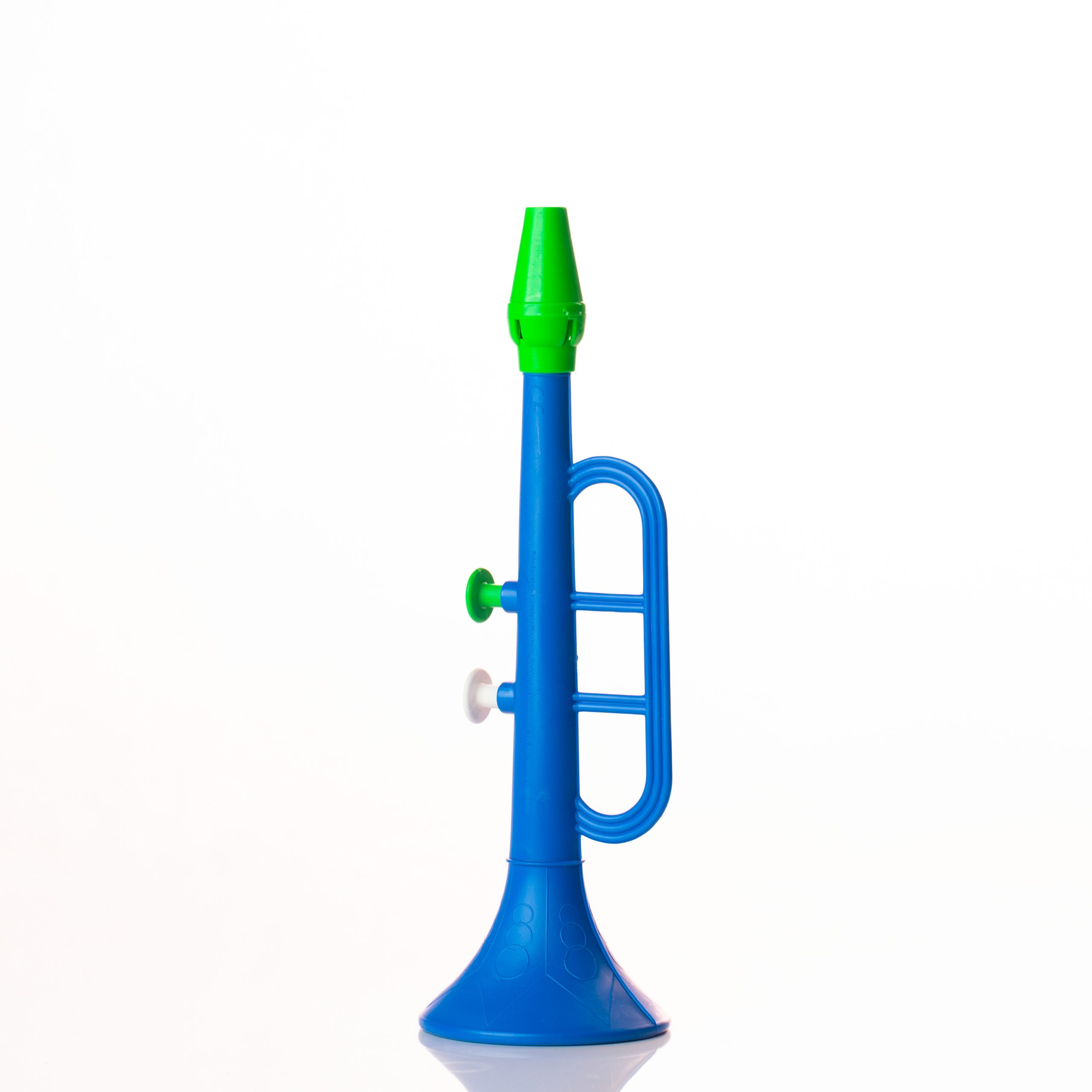 Bunte Kunststofftrompete mit gelbem Korpus. Hergestellt von Friedenstab Kunststofftechnik.