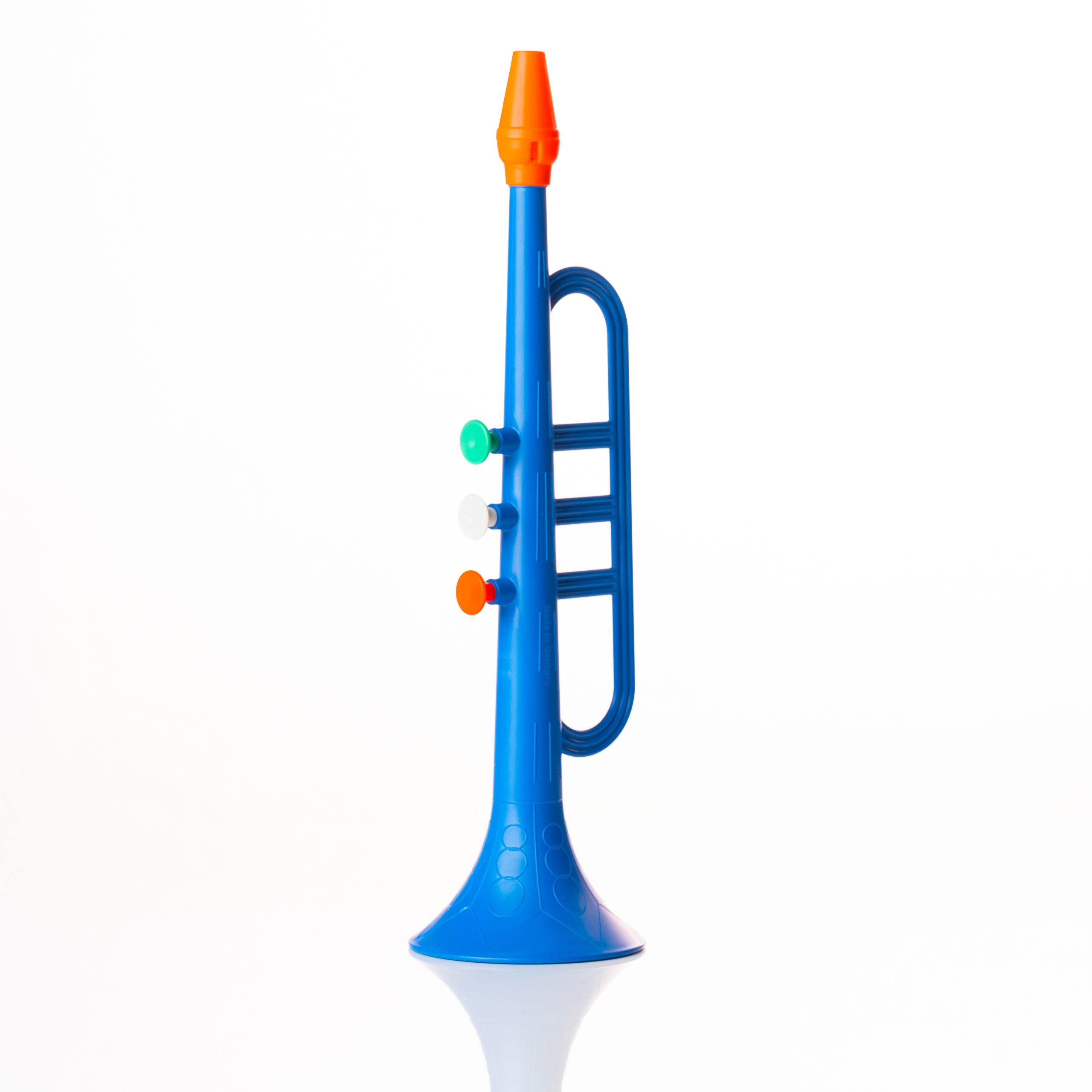 Bunte Kunststofftrompete mit blauem Korpus. Hergestellt von Friedenstab Kunststofftechnik.