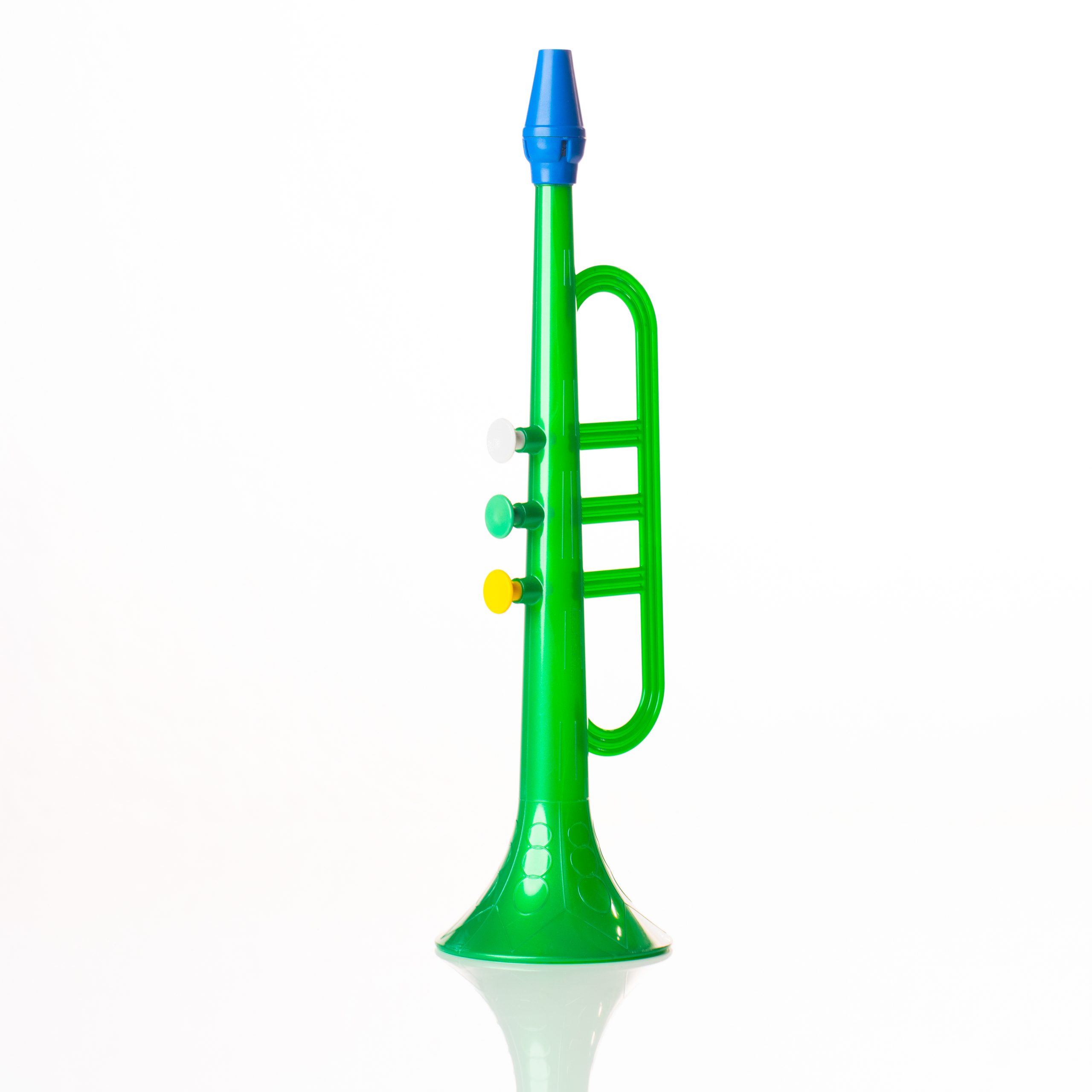 Bunte Kunststofftrompete mit grünem Korpus. Hergestellt von Friedenstab Kunststofftechnik.